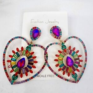 Multi Color Crystal Heart Statement Earrings